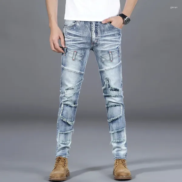 Jeans para hombres Hip Hop Hombres Slim Skinny Light Blue Stretch Pantalones Streetwear Patchwork Ripped Distressed Punk Estilo Male Treousers