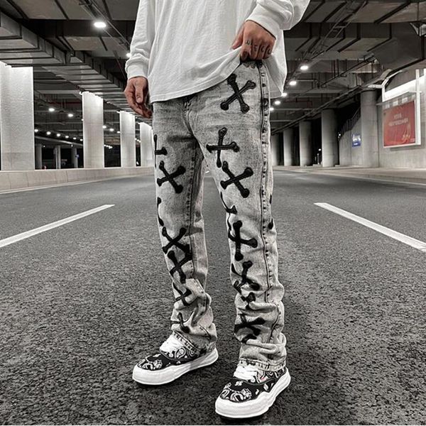 Jeans pour hommes Hip Hop rétro lavé gris cuir Pu os broderie décontracté Denim pantalon hommes droit surdimensionné Streetwear pantalon ample