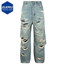 Jeans pour hommes Hip Hop Ripped Distressed Double Layer Baggy Denim Pants Fashion Streetwear Harajuku Blue 230313