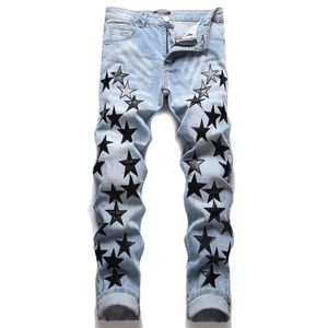 Heren jeans hiphop slank fit rek punk retro blauw geborduurde pentagram broek lente herfst mode casual denim broeken's