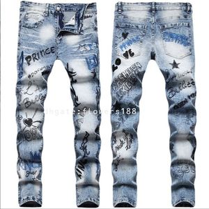 Jeans masculin Hip Hop Street broderie avant et arrière de broderie lourde extensible stim slim pantalon long de la jambe droite pour hommes