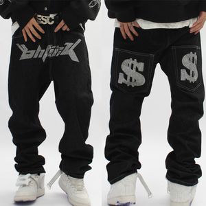 Jeans pour hommes Hip Hop Streetwear Denim Gothique Hommes Graphique Dollar Imprimer Baggy Punk Rock Pantalon Harajuku Casual Pantalon Lâche Noir 230306