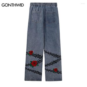Jeans pour hommes Hip Hop Streetwear Mens Vintage Broderie Rose Floral Pantalon en denim droit 2023 Pantalon ample Baggy