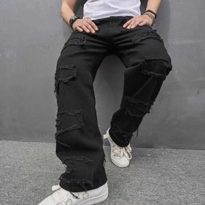 Jeans masculin Hip Hop Strtwear Hommes trous Patch Straight Loose Biker Jeans Pantal