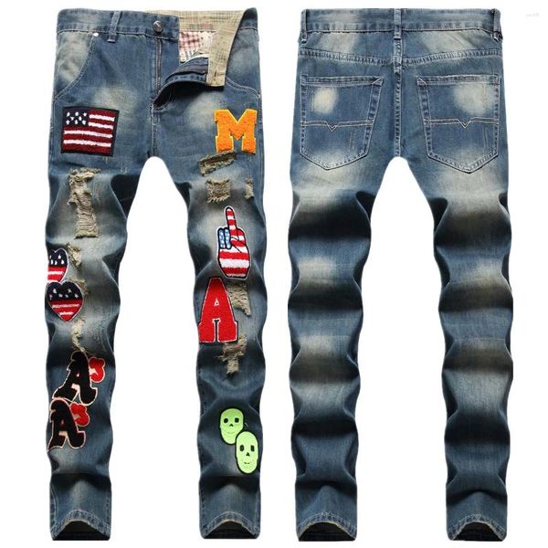 Jeans masculin style hip-hop multi-serviettes de broderie inférieure trous nostalgie couleur petite jambe droite homme