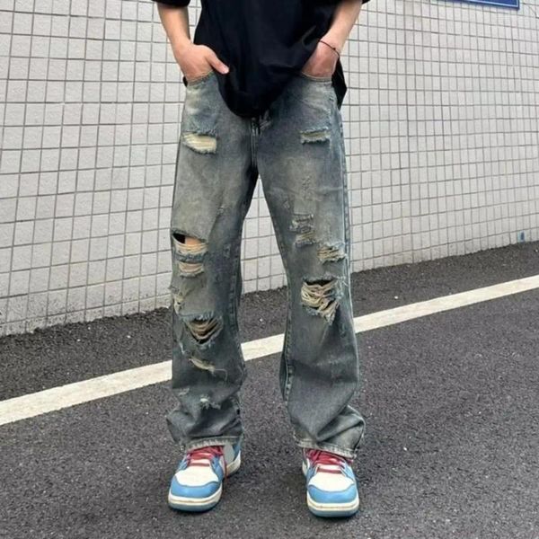 Pantalones vaqueros para hombre estilo hip hop streetwear pierna ancha con agujeros rasgados y bolsillos múltiples pantalones casuales desgastados para largos