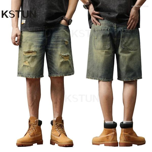 Jeans masculin Hip Hop Summer Denim Shorts Men Loose Fit Wide jambe Ripped Streetwear Hollow Out Vintage effiloché en détresse