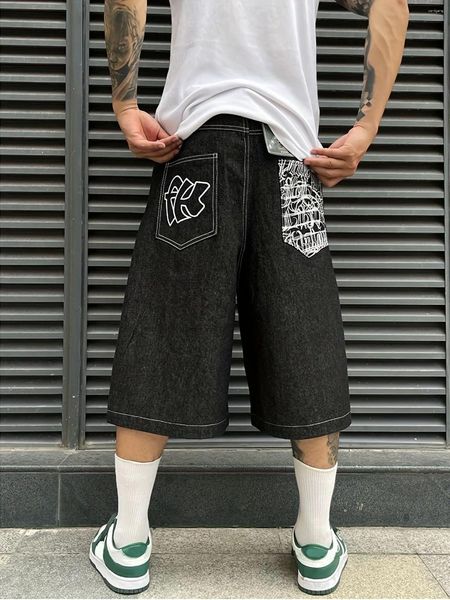 Jeans pour hommes Hip Hop Vintage Back Gothic Letter Pantalon en denim brodé Short décontracté
