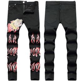 Heren jeans hiphop westkust getijden zwart digitale print luipaard hoofd elastische slanke fit kleine rechte mouw voor mannen