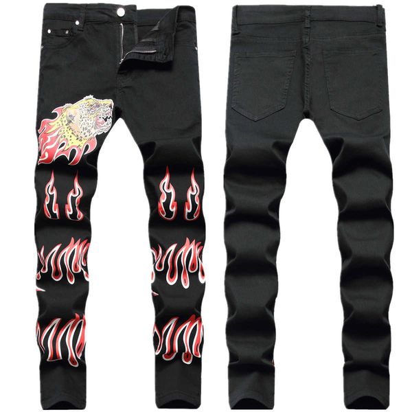 Jeans masculin Hip Hop West Coast Tidal Black Digital Print Leopard Head Elastic Slim Fit Small Straight Sleeve for Men