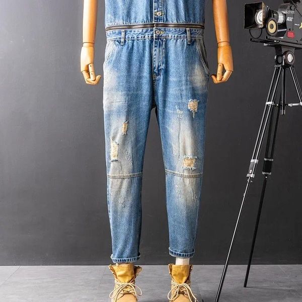 Jeans masculin Hip Mens Hop One Piece Denim Jugsuit à manches courtes à manches à manches à manches à manche courte Ripped Vintage Safari Style Slim Cargo Pantalon