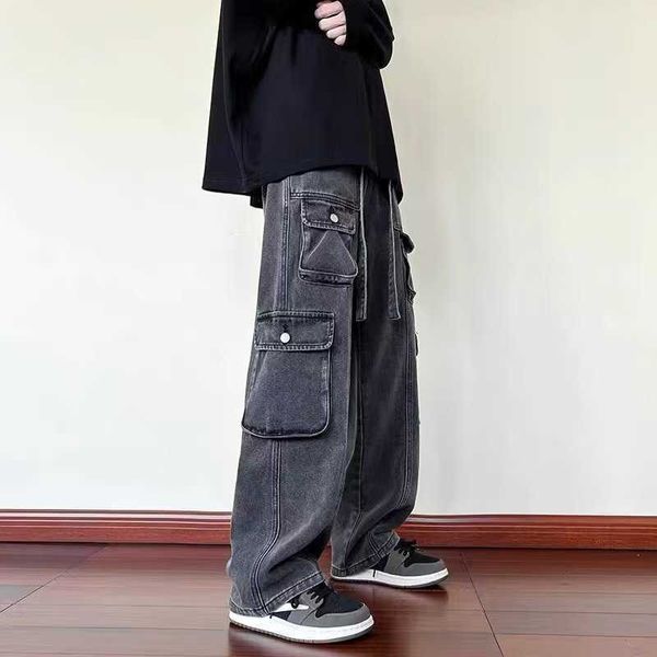 Jeans pour hommes Hiphop Fried Street Pantalons Haute Couture Ins Noir Foncé Multi Poche Salopette Hommes Lâche Droite
