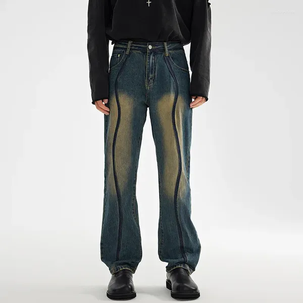 Jeans pour hommes Hipster coupe ample jambe droite Vintage fait vieux pantalon lavé avec ligne lumineuse homme