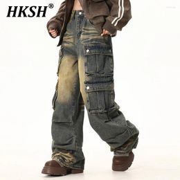 Heren jeans hksh afval land wassen vintage zakken safari -stijl tide punk trendy streetwear geplooid rechte denim broek hk0882