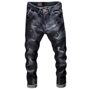 Pantalones vaqueros para hombre, pantalones vaqueros nostálgicos, marca de mezclilla, pantalones vaqueros negros para hombre, talla 28-36, pantalones rectos ajustados, pantalones con agujeros Y0927