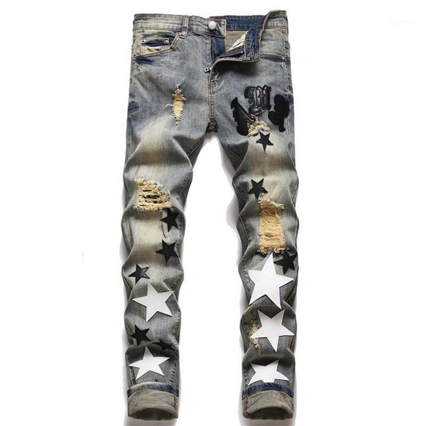 Jeans pour hommes Patch élastique Slim Fit Leggings haut de gamme en cuir brodé noir et blanc Star Tide marque Denim Pants261u