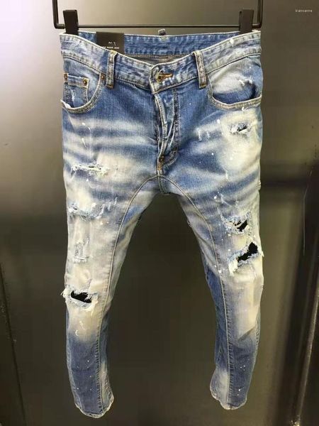 Jeans pour hommes trou déchiré Jet d'encre faire vieux rayé mode crayon pantalon épave Cave Denim A220 #