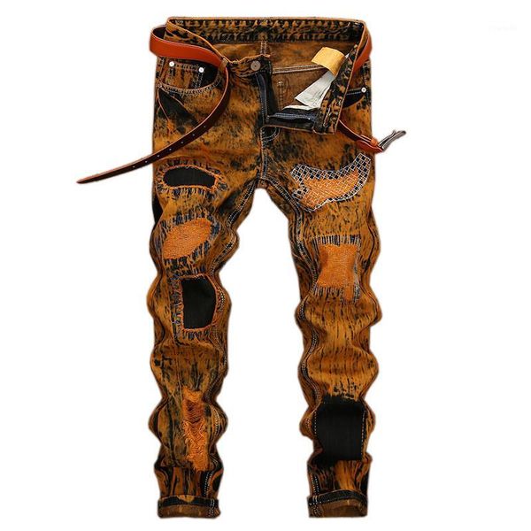 Pantalones Vaqueros De Los Hombres Agujeros Rayados Vintage Bordado Bigote Cosido Impreso Adolescentes Jóvenes Niños Pantalones De Mezclilla Rectos Pantalones