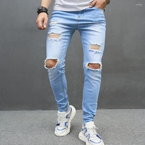 Jeans para hombres Agujeros Skinny Biker Pantalones Primavera Masculino Ripped Distressed Stretch Casual Blue Mendgar Lápiz Denim