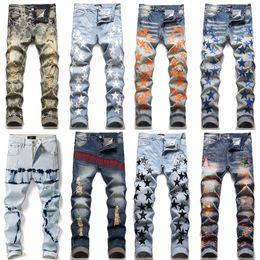 Jeans pour hommes Hombre lettre étoile Jean broderie trou Patchwork déchiré Jeans tendance moto pantalon hommes Skinny Slim crayon pantalon