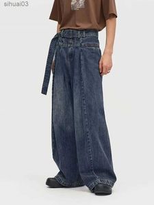 Jeans masculin Houzhou Baggy Jeans Mens Mens Denim Pantalon de jambe large avec plis Hip-Hop Hip-Hop Clothing Mensl2403 surdimensionné
