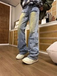 Jeans pour hommes Houzhou Bootcut Hommes Flare Pantalon Hip Hop Distressed Denim Cargo Pantalon Mâle Taille Basse Casual Japonais Streetwear Poche