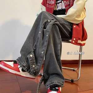 Heren jeans houzhou vintage distressed jeans zijde knop broek mannen zwarte denim broek mannelijke herfst losse casual Japanese streetwear hiphop z0301