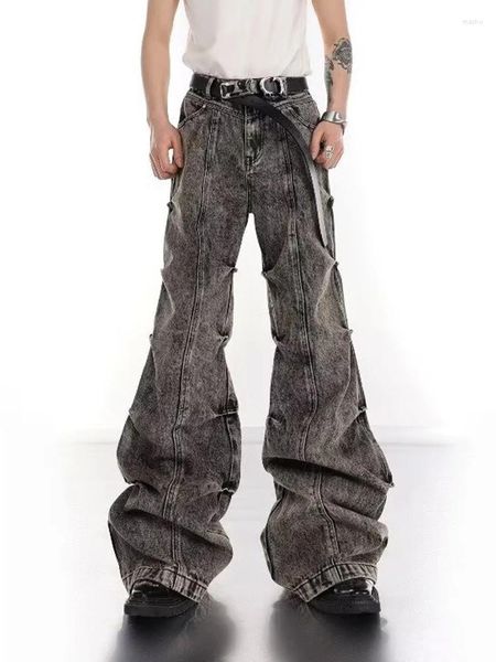 Jeans pour hommes Houzhou Y2K Wide Leg Hommes Plissé Vintage Mode Micro Flared Denim Pantalon High Street Bootcut Pantalon Mâle Stack Design