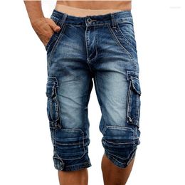 Heren jeans outopy casual heren lading denim shorts retro vintage gewassen slanke fit Jean mulit-pocket militaire motorbroek voor mannelijk