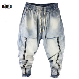 Men s Jeans Idopy Harem Zippers Vintage Washed Drop Crotch Loose Fit Cintura elástica Cordón Bolsillos grandes Denim Joggers para hombre 230220
