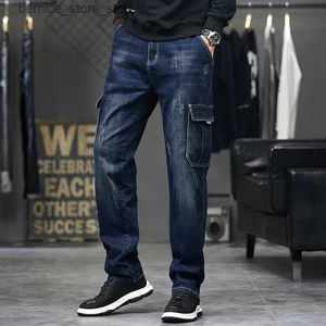 Herenjeans Idopy Cargo-jeans voor heren Mode Multi-zakken Werk Blauw Vintage gescheurde noodlijdende denimbroek voor heren Grote maten Q231213