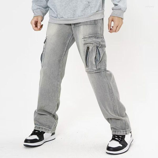 Jeans homme Idopy multi-poches Cargo droit Vintage moto Hip Hop Street Style Denim pantalon pantalon