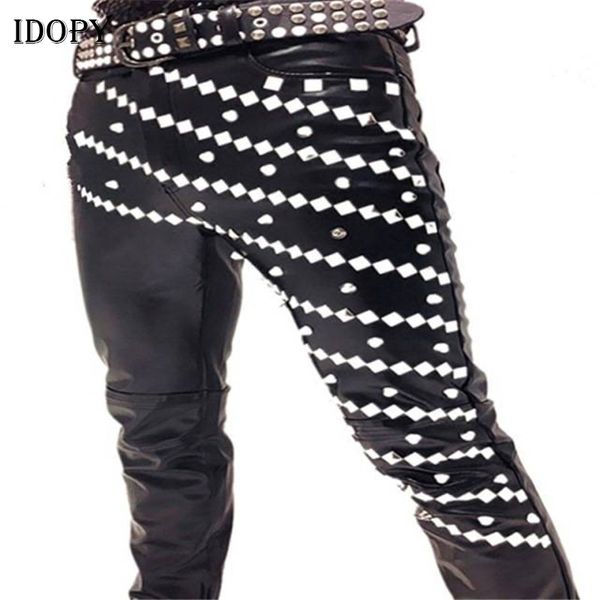Pantalones vaqueros para hombre Idopy Nightclub DJ Singer Gothic Punk Rock Rivet Faux Leather Pants Hip Hop Stage Costume Mens Studded Motorcycle tTrousers 230330