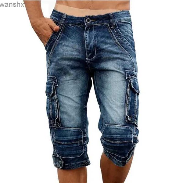 Jeans masculin Idopy Summer Mens Vintage Goods Denim Shorts Vintage Acid Wash Faded Multi Pocket Military Style Mens Bicycle Jeansl2404