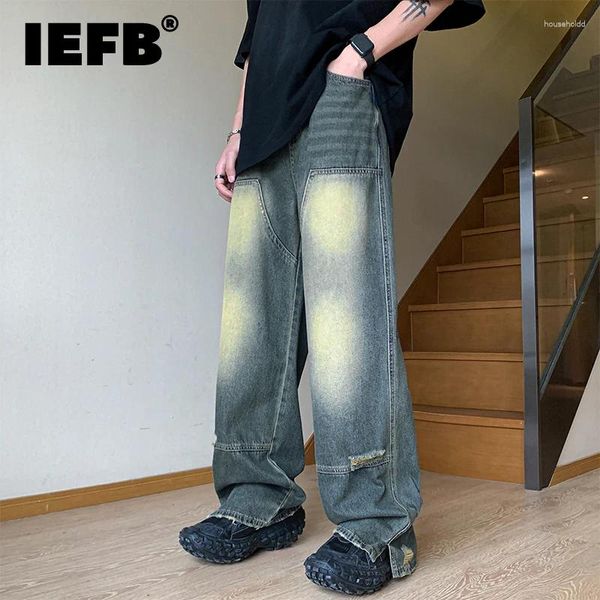 Jeans para hombres IEFB High Street gradiente moda empalme ancho pierna casual pantalones de mezclilla masculino suelto dividido apenado pantalón recto 9C721