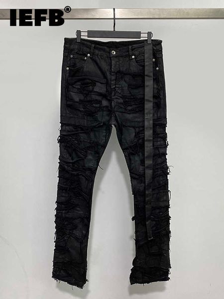 Jeans pour hommes IEFB New Darkwear Jeans enduits pour hommes Multi Thread Décoration Cire Brossage Tissu Élastique High Street 2022 Pantalon Homme 9A4318 T221102