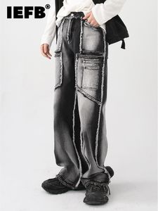 Jeans pour hommes IEFB pantalon automne Vintage lavage bord rugueux Tube droit épissage mâle haute rue pantalon à jambes larges 9A5086 230306