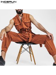 Pantalones vaqueros para hombre INCERUN, monos para hombre, solapa sólida, sin mangas, con múltiples bolsillos, monos de moda con cinturón, ropa de calle 2023, monos Cargo informales 230628