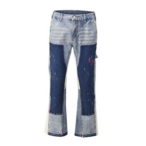 Jeans pour hommes Ins high street Biber industrie lourde éclaboussures d'encre déconstruction pantalon micro évasé accumulation de marée couleur de contraste de balayage au sol