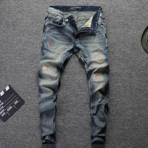 Jeans pour hommes Mode italienne Hommes Rétro Wash Broderie Classique Denim Pantalon Streetwear Hip Hop Homme 98% Coton Ripped