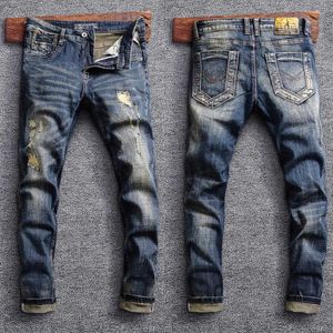 Heren jeans Italiaanse stijl mode mannen jeans retro blauw elastische slanke spijkerbroek mannen latchwork vintage ontwerper casual stretch denim broek t240409
