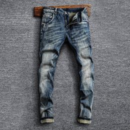 Hommes Jeans Style Italien Mode Hommes Rétro Bleu Foncé Élastique Slim Fit Déchiré Spliced Designer Vintage Casual Denim Pantalon