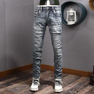 Jeans para hombres Estilo italiano Moda Hombres Retro Lavado Azul Elástico Slim Fit Ripped Alta Calidad Vintage Diseñador Denim Pantalones