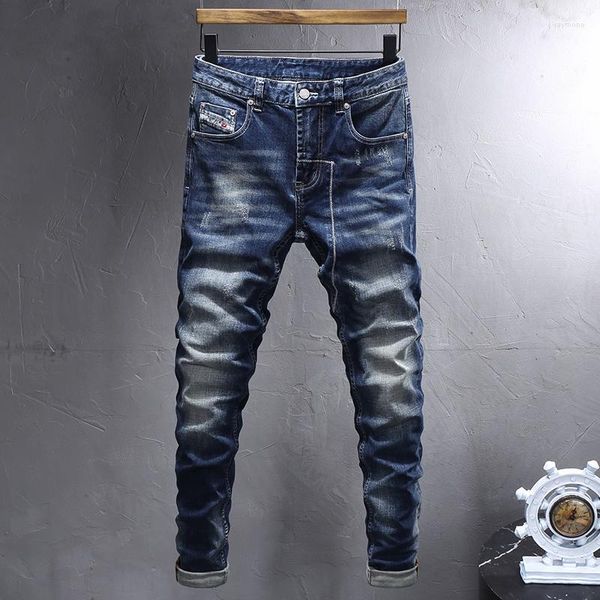 Jeans para hombres Estilo italiano Moda Hombres Retro Azul oscuro Elástico Estiramiento Slim Fit Ripped Vintage Designer Denim Pantalones Hombre
