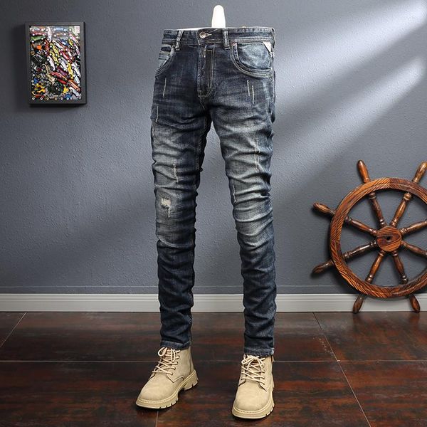 Pantalones vaqueros para Hombre estilo italiano moda Hombre Retro negro azul elástico Slim Fit rasgado Vintage diseñador Casual pantalones de mezclilla Hombre