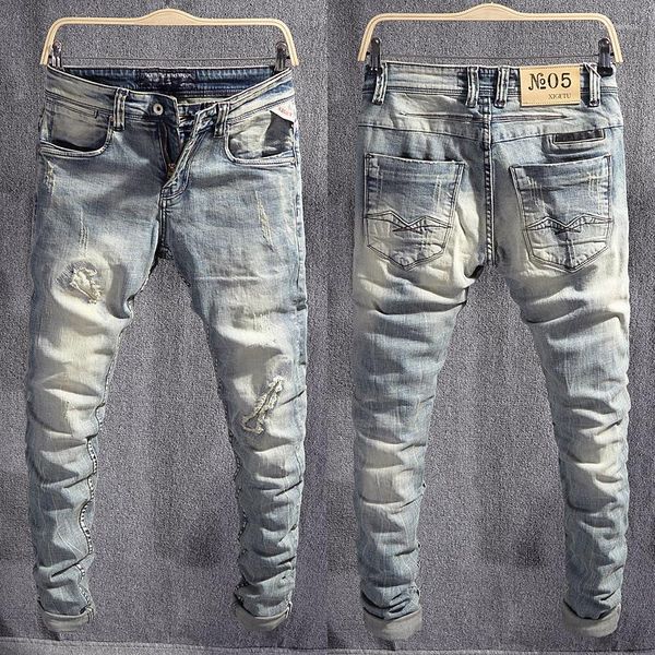 Jeans para hombres Estilo italiano Moda Hombres Retro Gris Azul Estiramiento Slim Ripped Patched Designer Vintage Casual Denim Pantalones Hombre