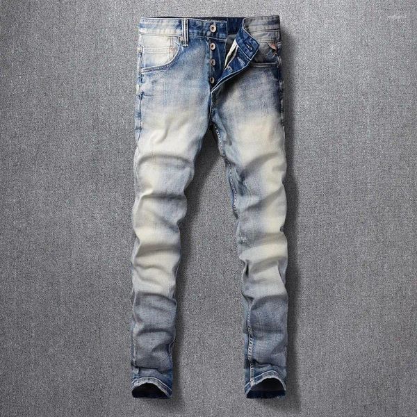 Jeans para hombres Estilo italiano Moda Hombres Retro Luz Azul Liso Lavado Elástico Slim Fit Ripped Vintage Diseñador Botones Pantalones