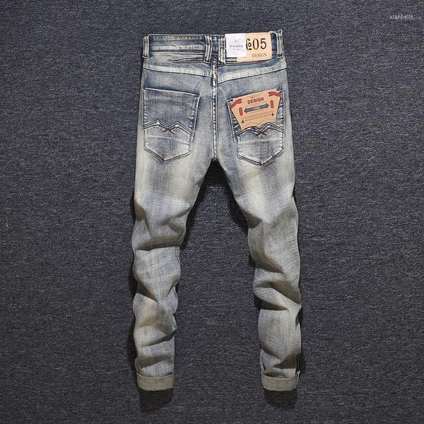 Hommes Jeans Style Italien Mode Hommes Slim Fit Rétro Jaune Lavé Élastique Déchiré Hip Hop Pantalon Vintage Designer Homme