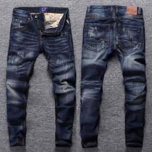 Heren jeans Italiaanse stijl mode retro donkerblauw elastische slanke fit gescheurde streetwear vintage ontwerper denim broek HOMBRE Y2303