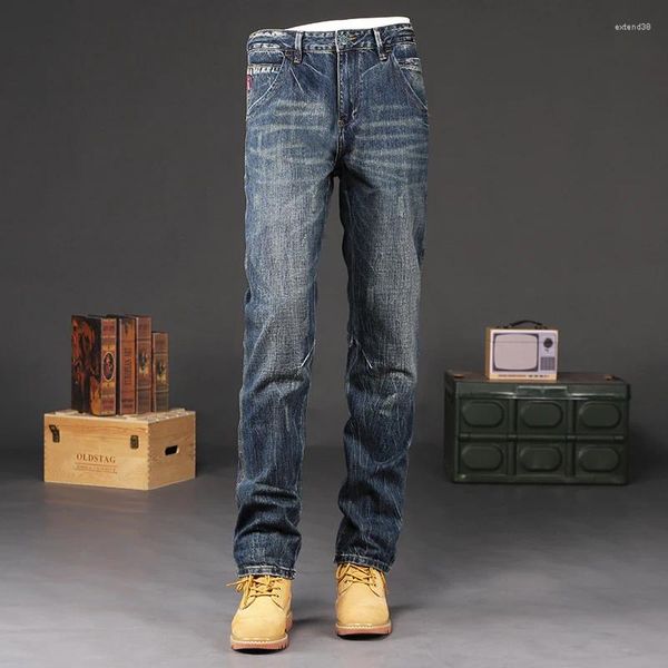 Jeans masculins style italien à la mode rétro bleu slim slim fit bouton up pantalon slim denim